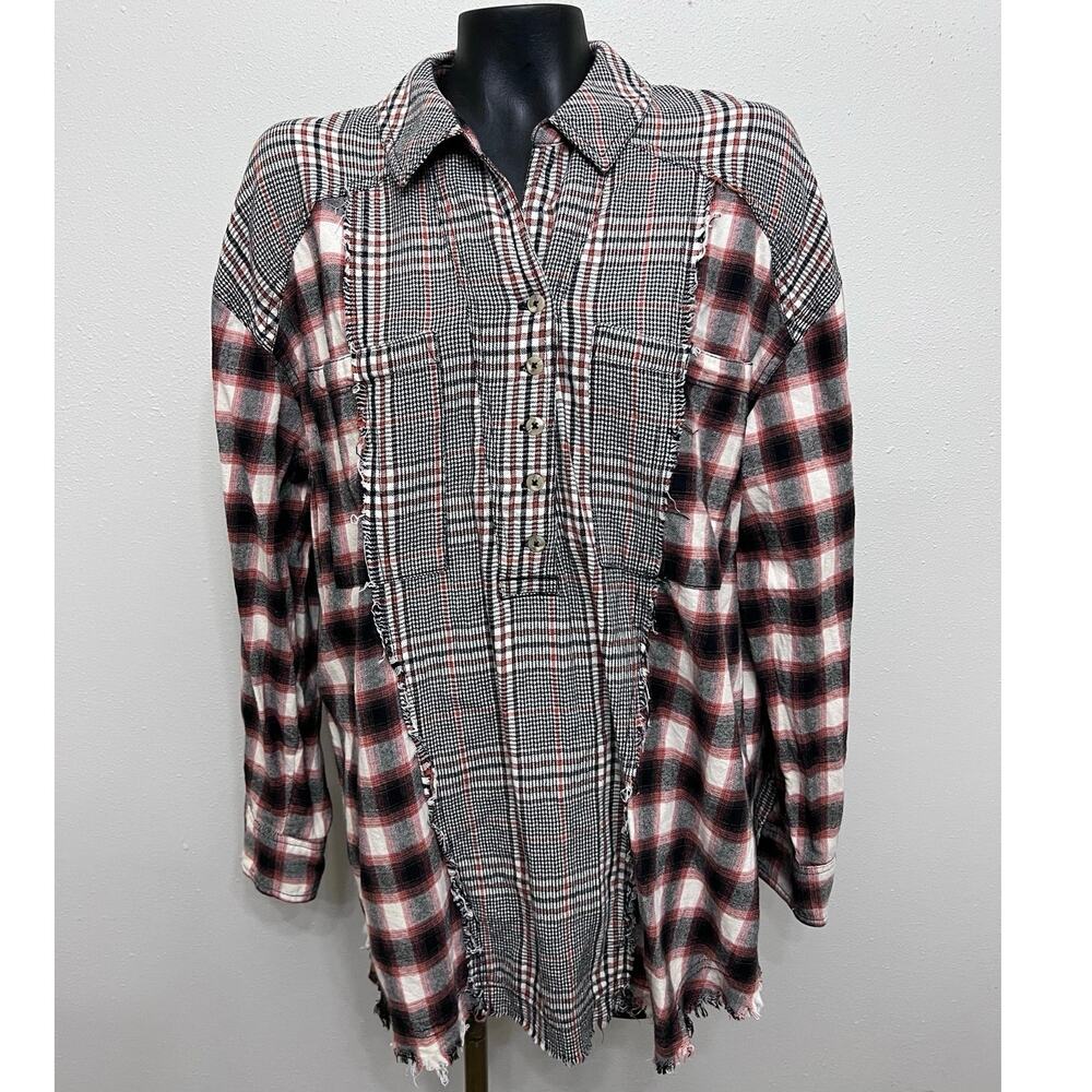 Free People Moon Bay Mixed Plaid Top Sz L Raw Hem Edges Pockets Boho Lagenlook